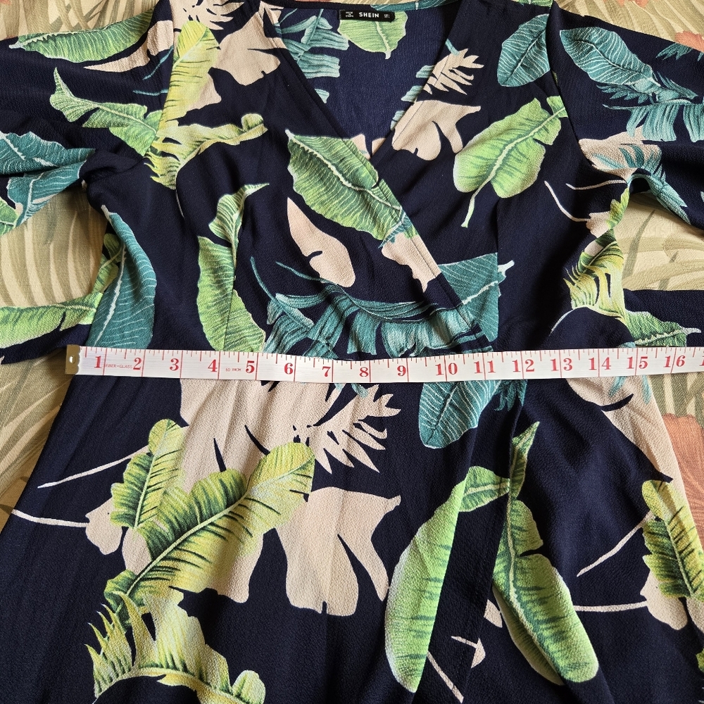 3/$25 Shein Maxi Dress Tropical Floral Short Sleeve Navy Blue Green Large - Picture 9 of 15